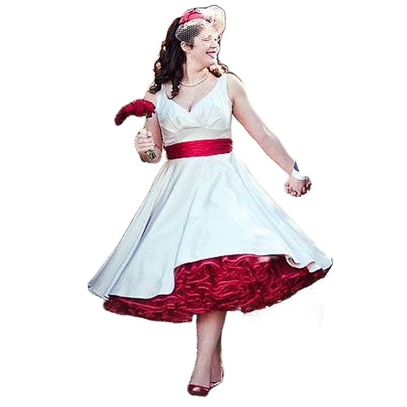 Vintage Tea Length A Line Wedding Dresses With Ruffles Burgundy Underskirt V-Neck Sleeveless Simple Satin Garden Wedding Gown For Bride 2024