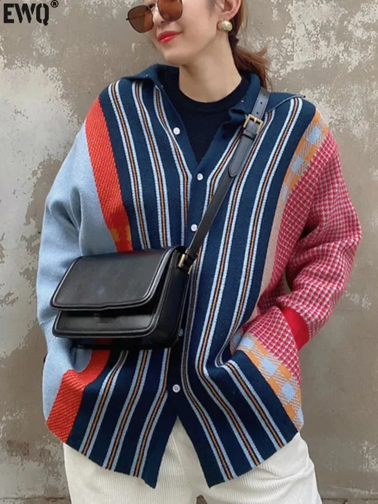 EWQ Big Size Knitted Cardigan Women 2024 Spring Korean Chic Tops Versatile Patchwork Contrast Color Plaid Sweater Coat Female 240813