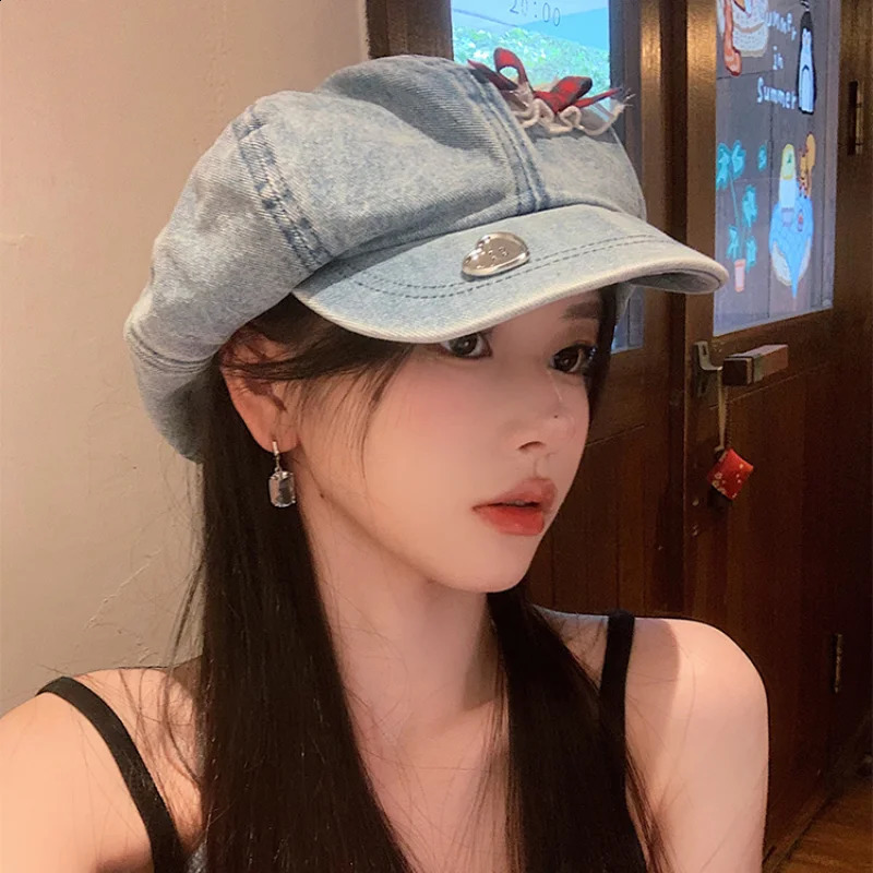Y2K Lace Bow Cloud Berets Caps for Women Show Face Small Summer Autumn Casual Versatile Korean Retro Denim Octagonal Hat 240805