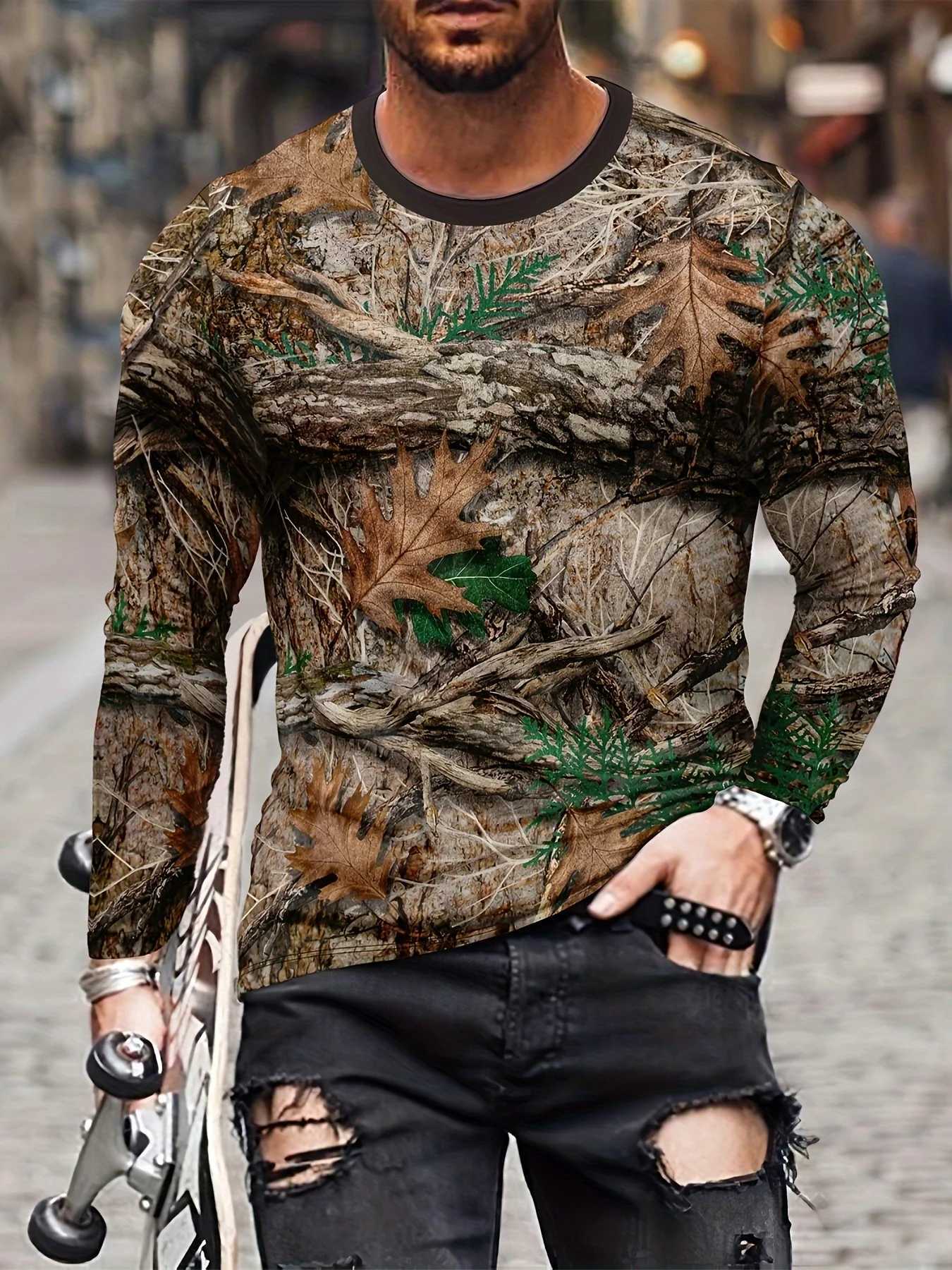 Hunting T-Shirt Camouflage Mens Long Sleeved T-Shirt Autumn Winter Casual Mens Top Original Pattern Cotton Mens ClothingM240814