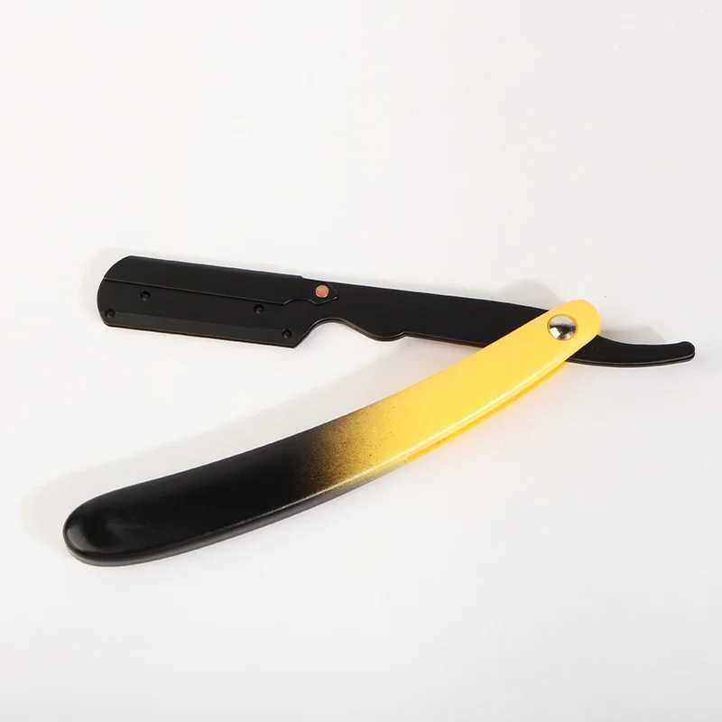 Stainless Steel Straight Edge Razor Yellow ABS Handle Barber Shop Beard And Hair Trimmer Portable Manual Folding Shaving HolderM240814