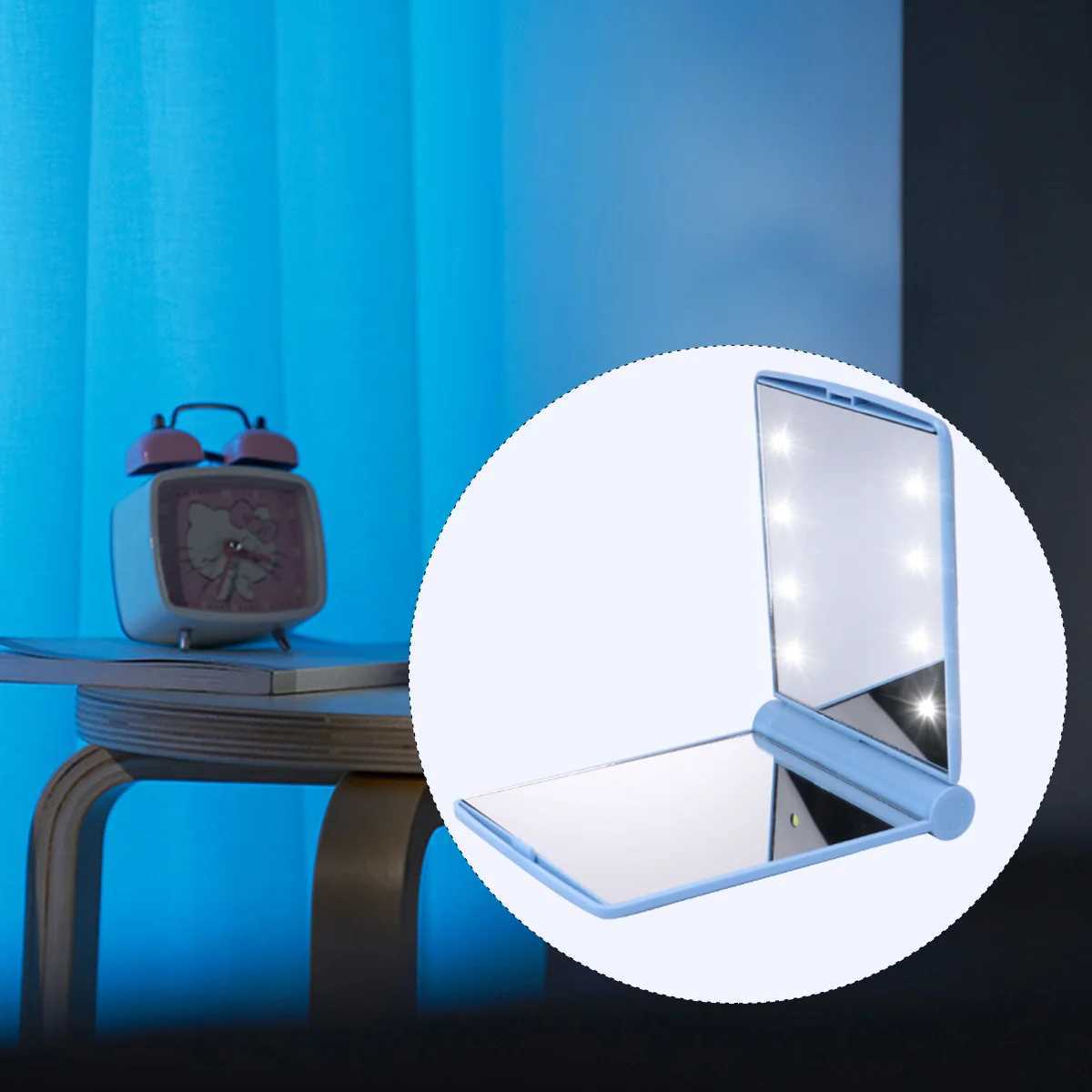 Folding LED vanity mirror double-sided makeup folding small wallet hand-held portable pocket blue W240813