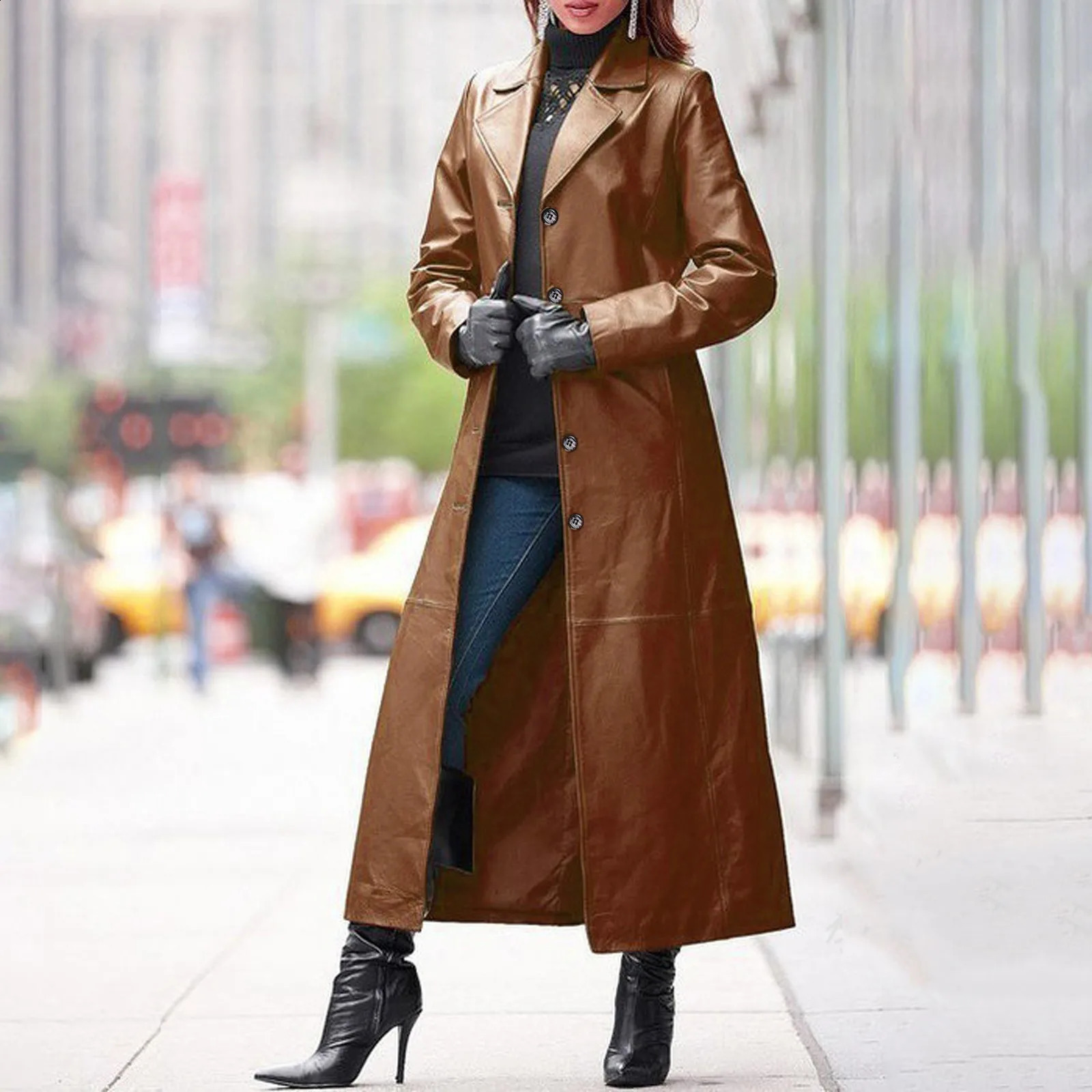 Women Fashion Windbreak Solid Coat Business Temperament Long Overcoat Slim Warm Leather Jacket Chaquetas 240813