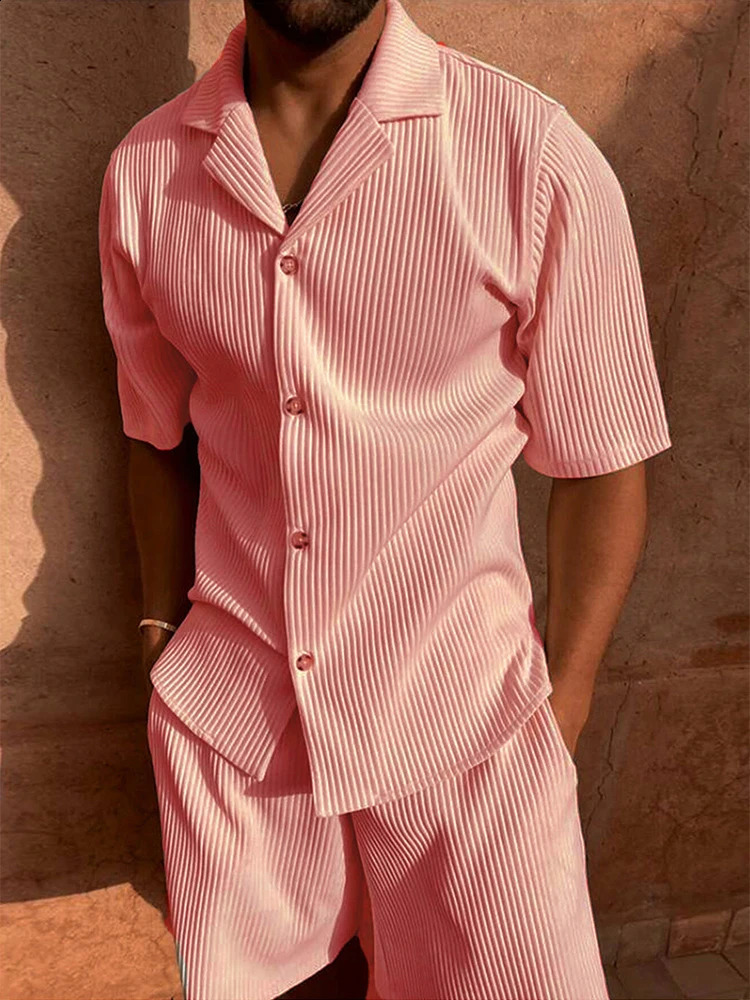 Summer Casual Ribbed Outfits Mens Solid Color Short Sleeve Lapel Shirts And Shorts Corduroy Fashion Sets Men Two Piece Suits 240816