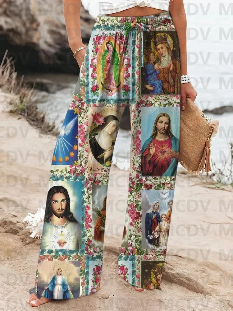 Womens Vintage Fish Sardines Art Print Linen Casual Pants 240813