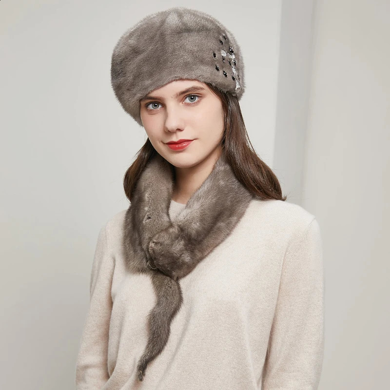 Womens Fashion Mink Grass Hat Natural Full Fur Premium Accessories Russian Winter Warm Earmuffs 240812