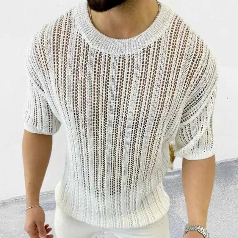 Spring Knitted Custom Mens Triple Sweater Slim Fit O-Neck Solid Hollow Mesh Mens Pulling Flower Autumn Long Sleeve Elastic TopW240729