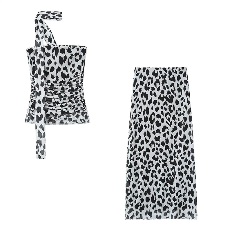 Willshela Women Fashion 2 Piece Set Tulle Leopard Pleated Tops Vintage High Waist Midi Skirt Female Chic Lady Skirts y240813