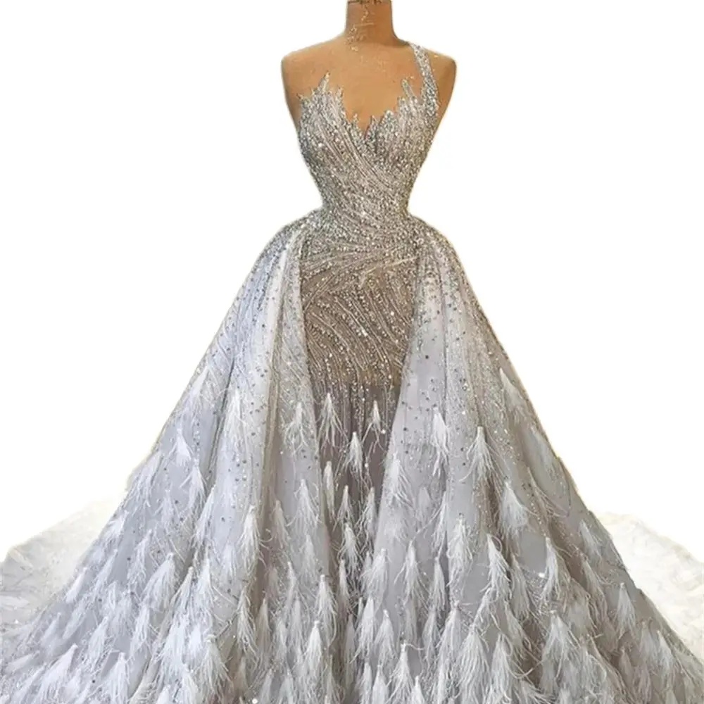 Beaded Ball Gown Wedding Dresses For Women With Detachable Feathered Train Illusion Tulle Bride Dresses Luxury Bridal Gown