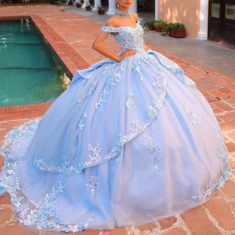 Sky Blue Shiny Princess Ball Gown Elegant Quinceanera Dress Classic Sequined Applique Lace Beads Bow Sweet 16 Dress Vestido De