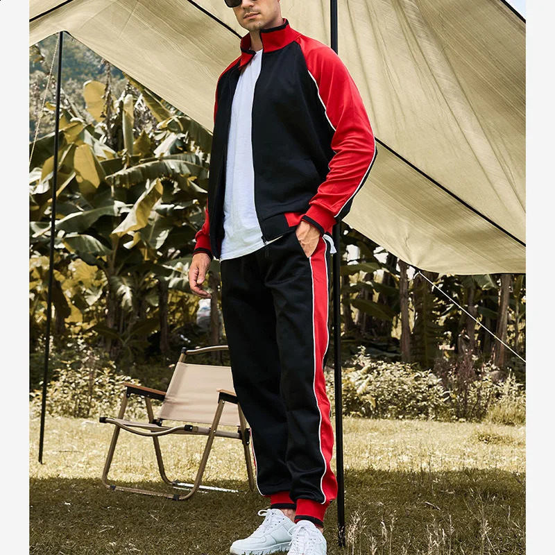 Spring Autumn Male Loose Casual Spliced Zipper Sweatshirt Elastic Waist Sweatpants Two Pieces Set Men Cardigan Top Fashion Pants 240813