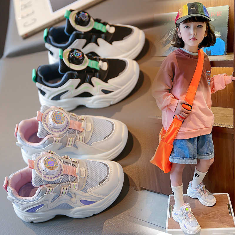 Sneakers Childrens dad shoes rotating button mesh sports shoes spring and autumn casual mid size childrens single shoes H240805