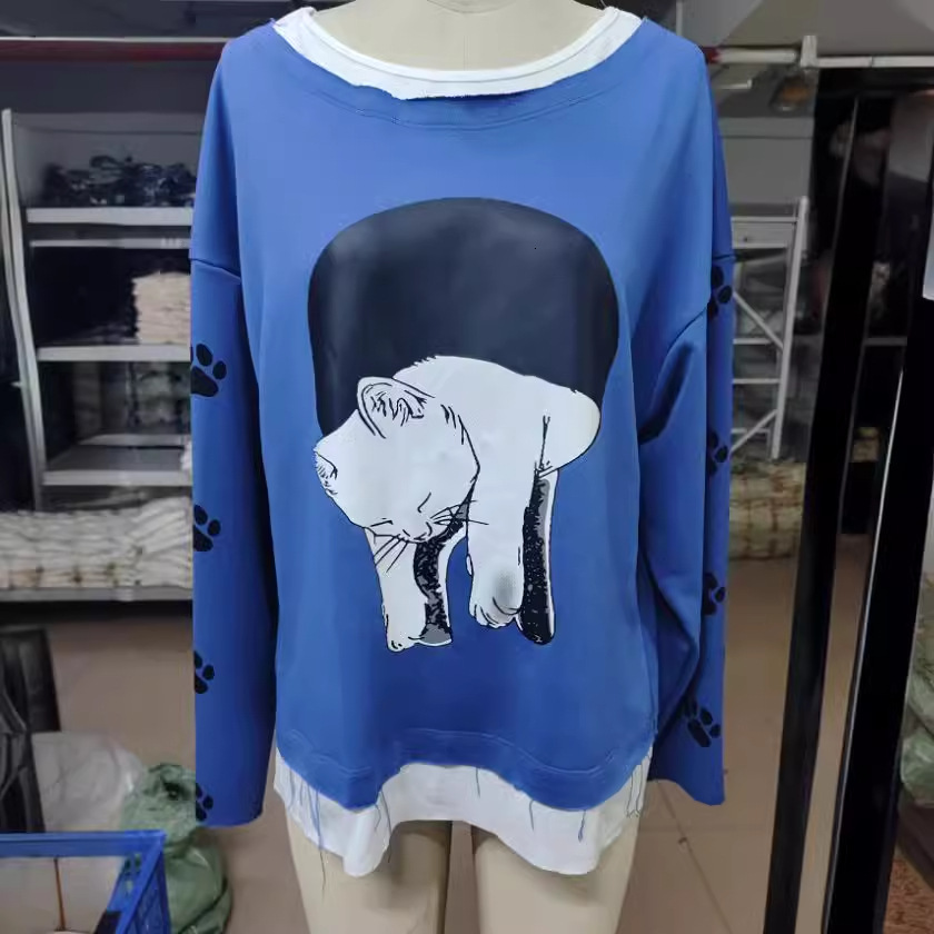 Fake two long sleeved printed T-shirts, blue top, loose and versatile round neck base shirt, trendy d76e4