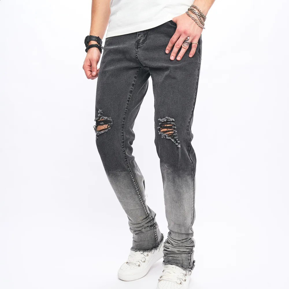 Fashion Gradient Color Men High Street Holes Slim Stretch Jeans Male Ripped Distressed Micro flared Denim Pants Mens Trousers 240814