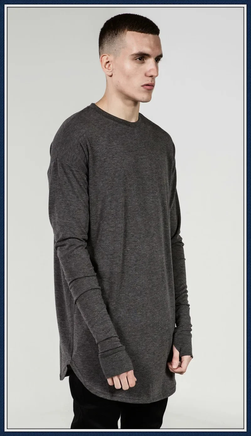 Quality Hip Hop T Shirt Full Mens Long Sleeve T-Shirt with Thumb Hole Cuffs Tees Shirts Curve Hem Men Street Wear Tops Plus Size 240814
