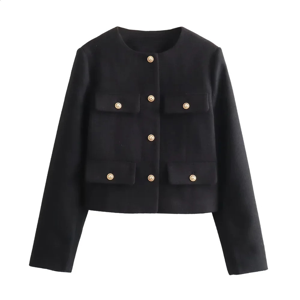 2024 autumn Product Womens Fashion and Casual Versatile Flip Pocket Decoration Short Round Neck Suit Coat 240813