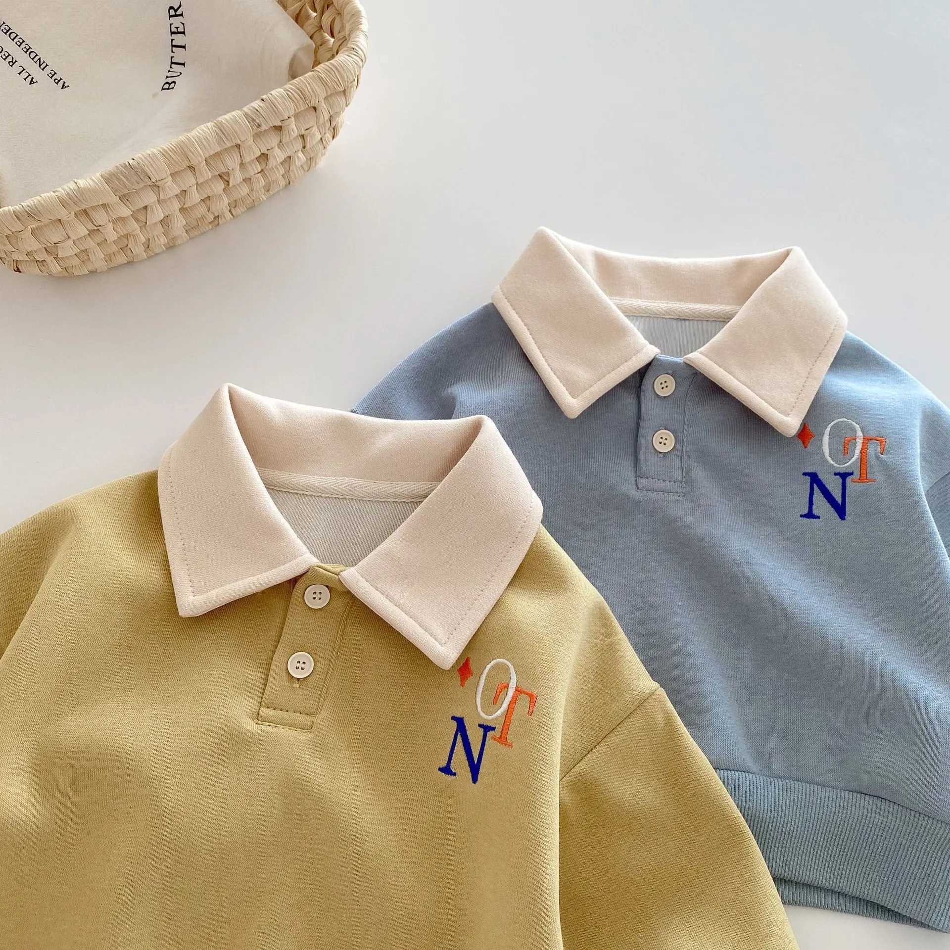 Autumn 0-5 Years Baby Boys Sweatshirts Letter Embroidery Little Boys Pullover Turn Down Collar Elastic Hem Toddler Boys ShirtsY240814