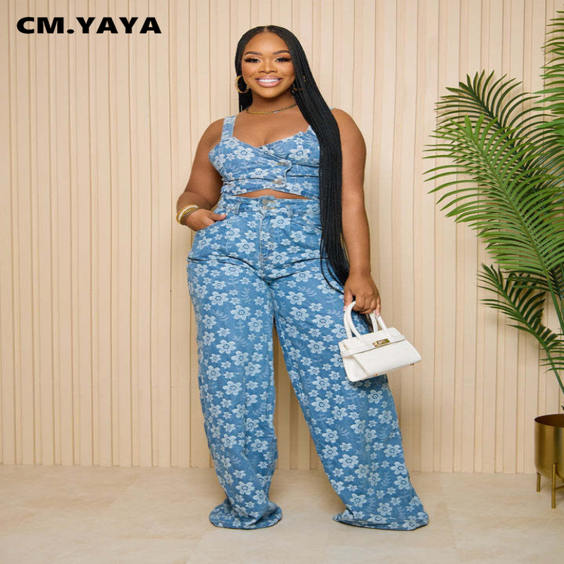 CM.YAYA Jean Jacquard Floral Womens Set Strap Wrap Crop Top and Straight Wide Leg Pants Two 2 Piece Sets Outfit Tracksuit 240813
