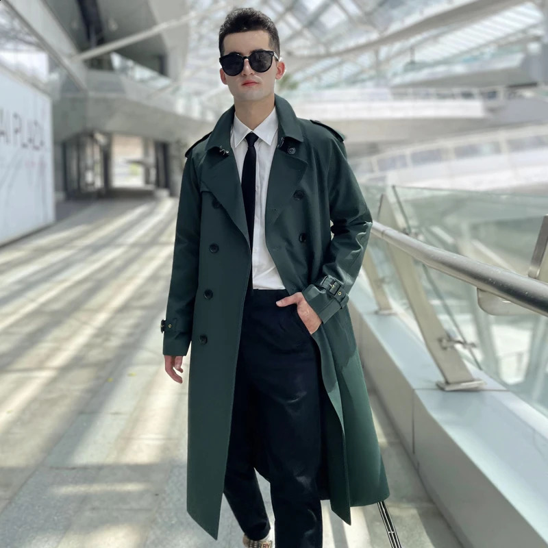 trench coat mens long knee length double breasted raglan sleeves brown British mens thickened down inner tank with windbreake 250214 - view 6