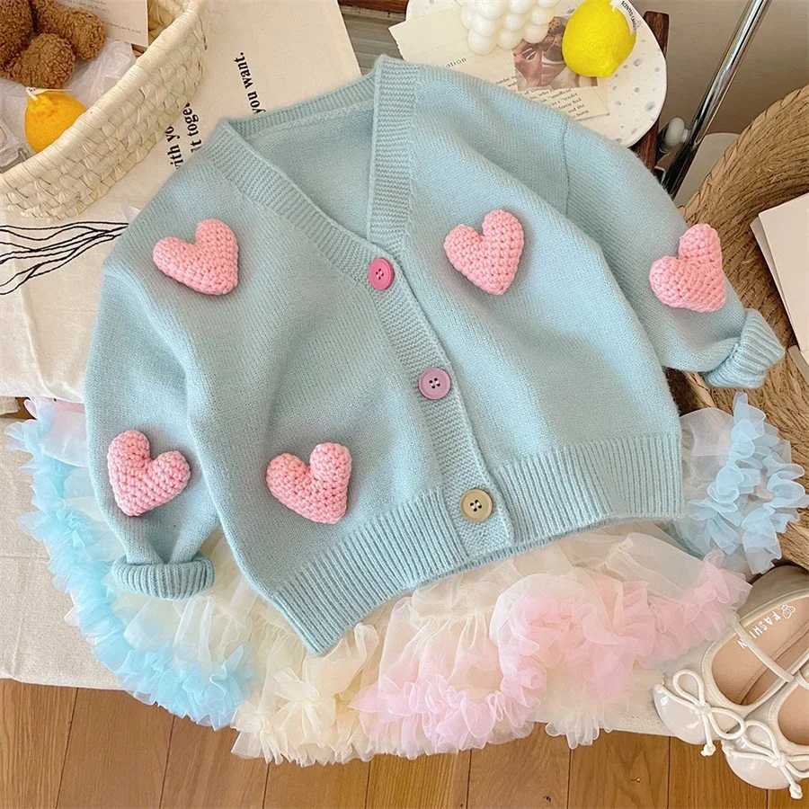 Korean childrens clothing sweater autumn winter coat 3D love knitted cardigan girl jacket baby girl clothing 2-8Y W240813