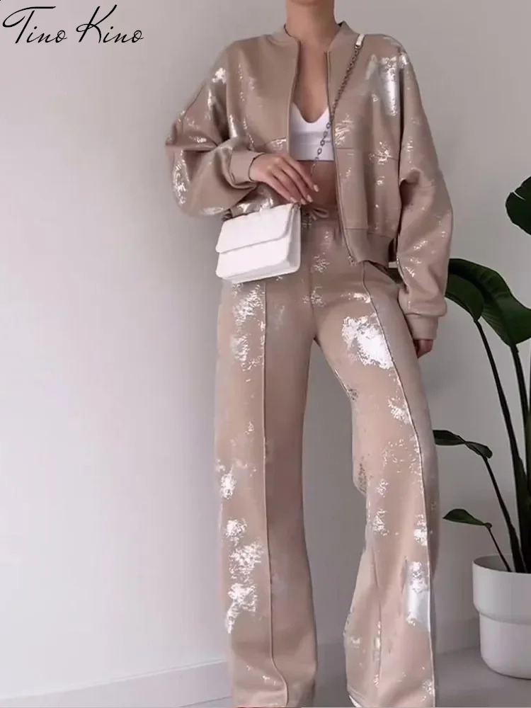 Clearance Sequined Print Trousers Women Two-piece Suit Zipper Long-sleeved Loose Female Coat Set Fashion Casual Pant Lady Sets 240813