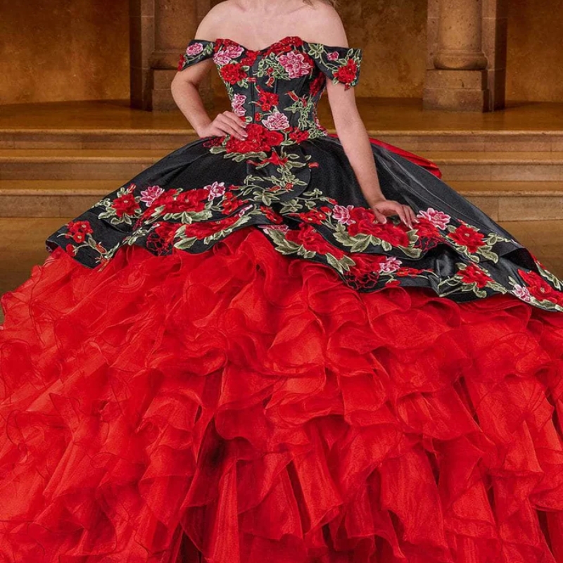 Red Mexican Princess Quinceanera Dresses Off Shoulder ral Applique Tiered Tull Corset Sweet 16 Birthday vestido 15 anos quinceanera
