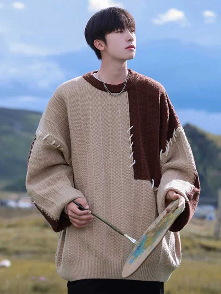 Knitted sweater mens Pullover oversized sweater mens winter Harajuku casual streetwear patch work autumn hip-hop splicingW240729