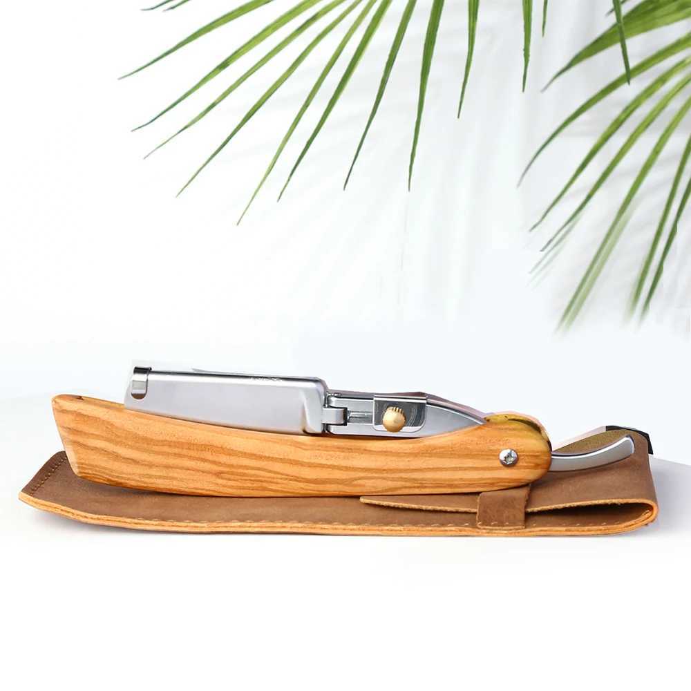 Manual Straight Edge Razor Folding Shaving Shavette Barber Razor Solid Olive Wood Handle With Double Edge Razor Blades PU PouchM240814