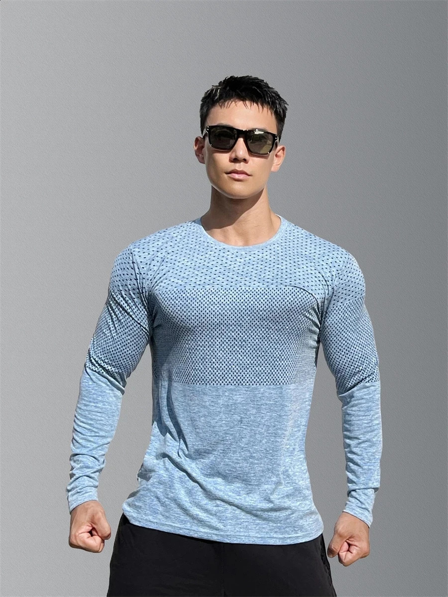 Mens Sport Long Sleeve Tops Quick Dry Fitness T-shirts Bodybuilding Gym Tees Casual Skinny Elastic Breathability Sportswear 240814