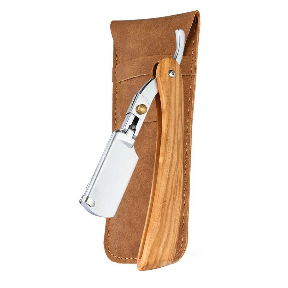 Manual Straight Edge Razor Folding Shaving Shavette Barber Razor Solid Olive Wood Handle With Double Edge Razor Blades PU PouchM240814