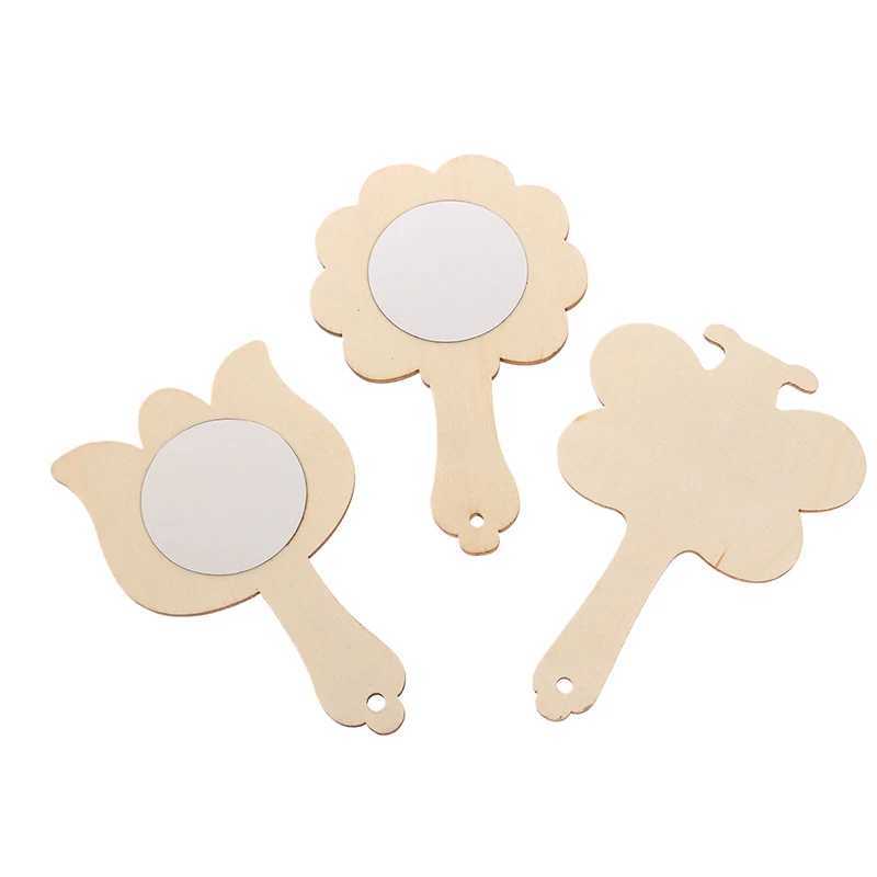 Mirror Diy unfinished wooden blank portable paddle handle beauty handle toy craft painting makeup wooden childrens travel hand W240813