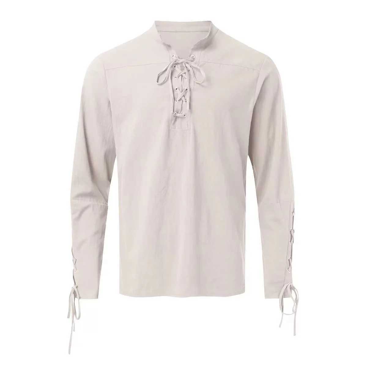 Men Medieval Costume Cotton Linen Shirts Ruffled Long Sleeve Lace Up Pirate Cosplay Shirt Vampire Medieval Renaissance ShirtM240814