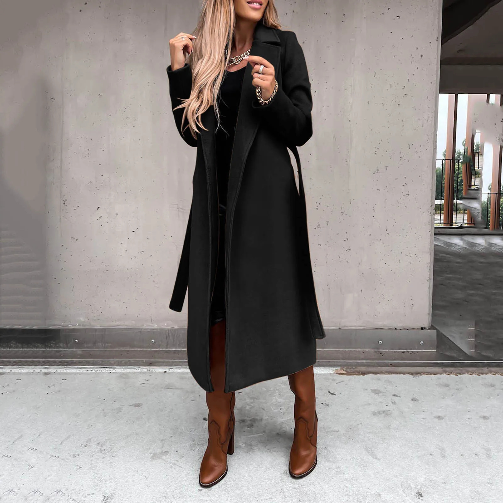 Elegant shoulder strap pocket coat womens autumn and winter solid collar long sleeved wool coat simple casual windproof 240828