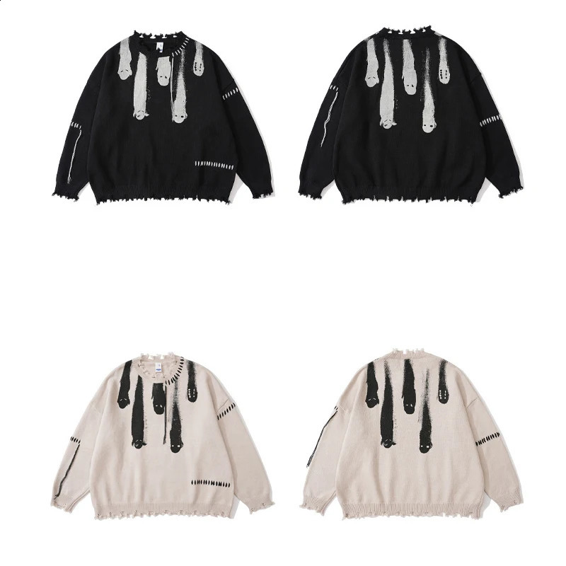 Hip Hop Y2K Streetwear Sweaters for Men Tassel Grunge Ripped Ghost Print Knitted Jumpers Harajuku Casual Pullovers Sweaters Men 240821