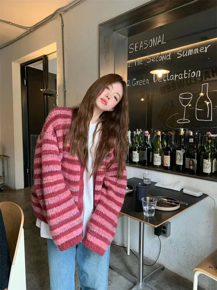 Korean style Women Red Streak Striped Cardigans Contrast Color V Neck Spring Autumn Cardigan Women Single Breasted Sweaters 240813