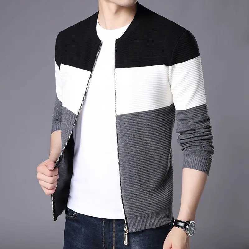 Knitted sweater mens coat mens clothing splicing zipper open zipper jacket plus size sales spring and autumn sweater collarW240729