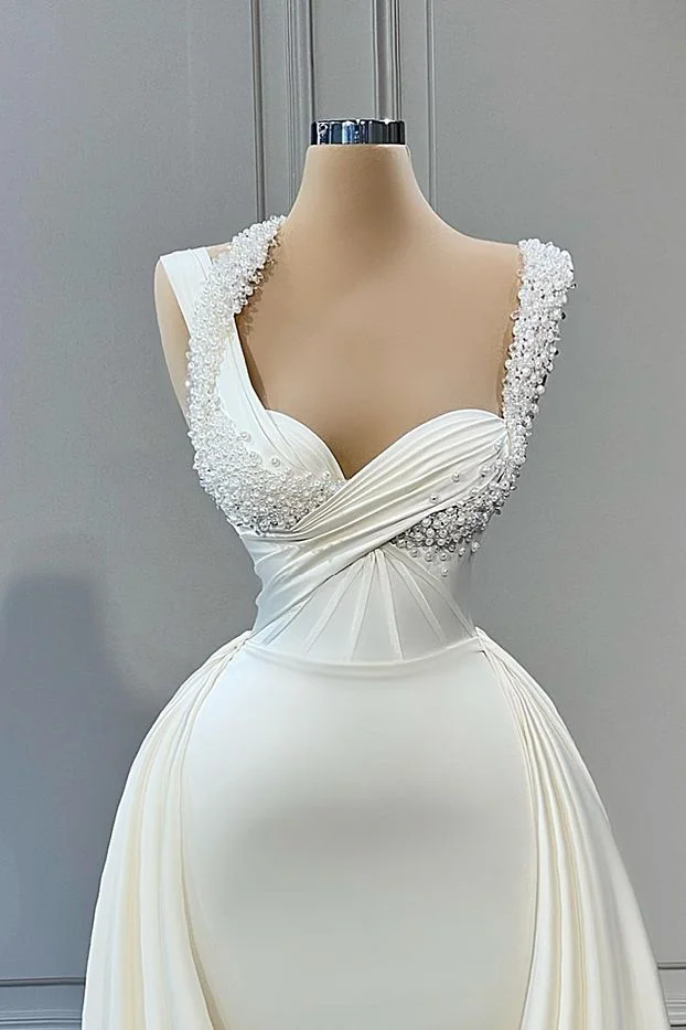 Sexy Mermaid Stain Wedding Dresses With Detachable Train Spaghetti Sleeveless Pearls Tiered Skirts Bridal Gowns Vestido Novia Custom made
