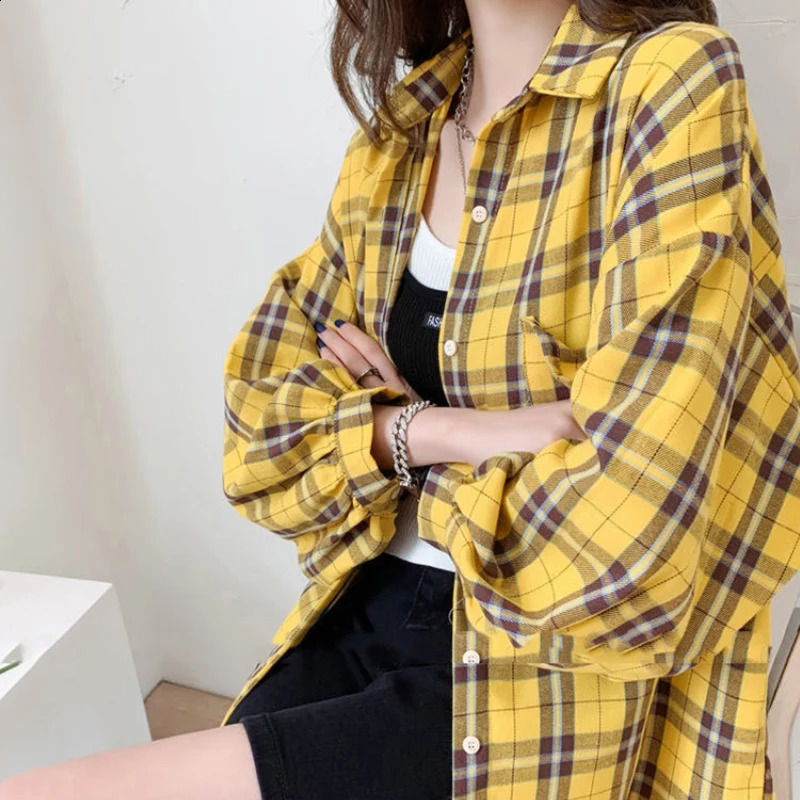 Streetwear Plaid shirt womens Korean fashion oversized top Harajuku daily full match long sleeved yellow 240814