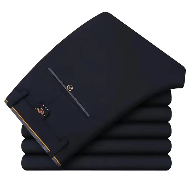 High Stretch Mens Dress Pants Waist Elastic Formal Suit Office Business Classic Casual Trousers Slim Fit Black Blue 240813