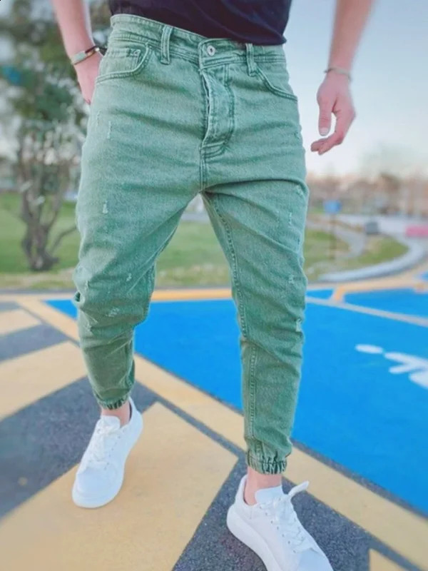 MenS Jeans Jogger Harem Pants Men Harajuku Cargo Cotton Scratched Jeans Biker Casual Denim Hip-hop Sweatpants Male Trouser 240814