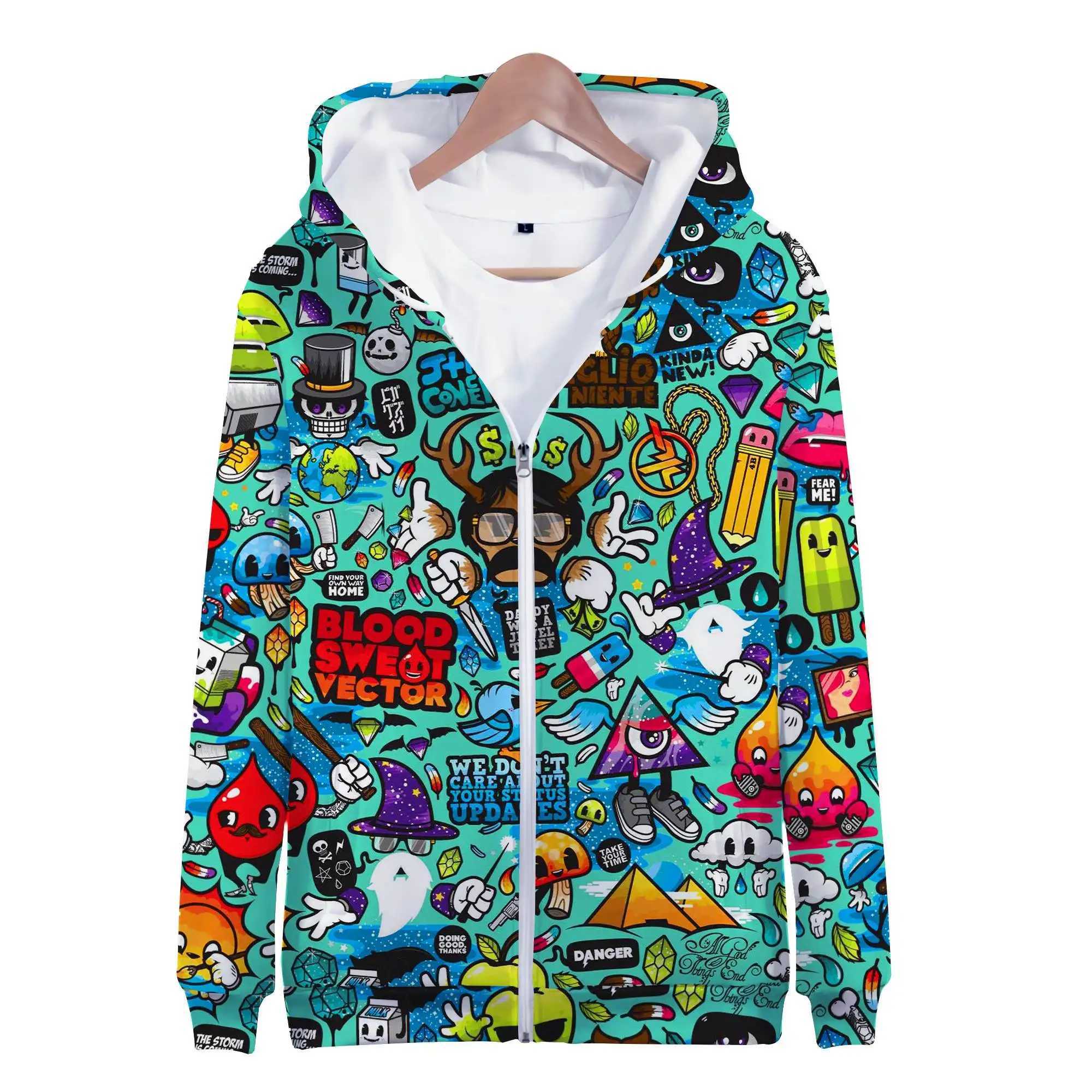 Hoodies Anime Grunge Graffiti 3D Print Zipper Sweatshirts Boy Girl Sweatshirts kids Cartoons Fashion Long Sleeve Oversized CoatY240814
