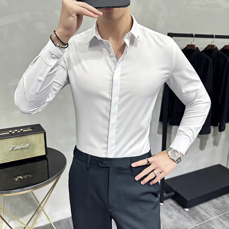 High Quality Solid Dress Shirt Men Simple Long Sleeve Slim Fit Business Shirts Homme Social Casual Shirt Plus Size 4XL-M 240816