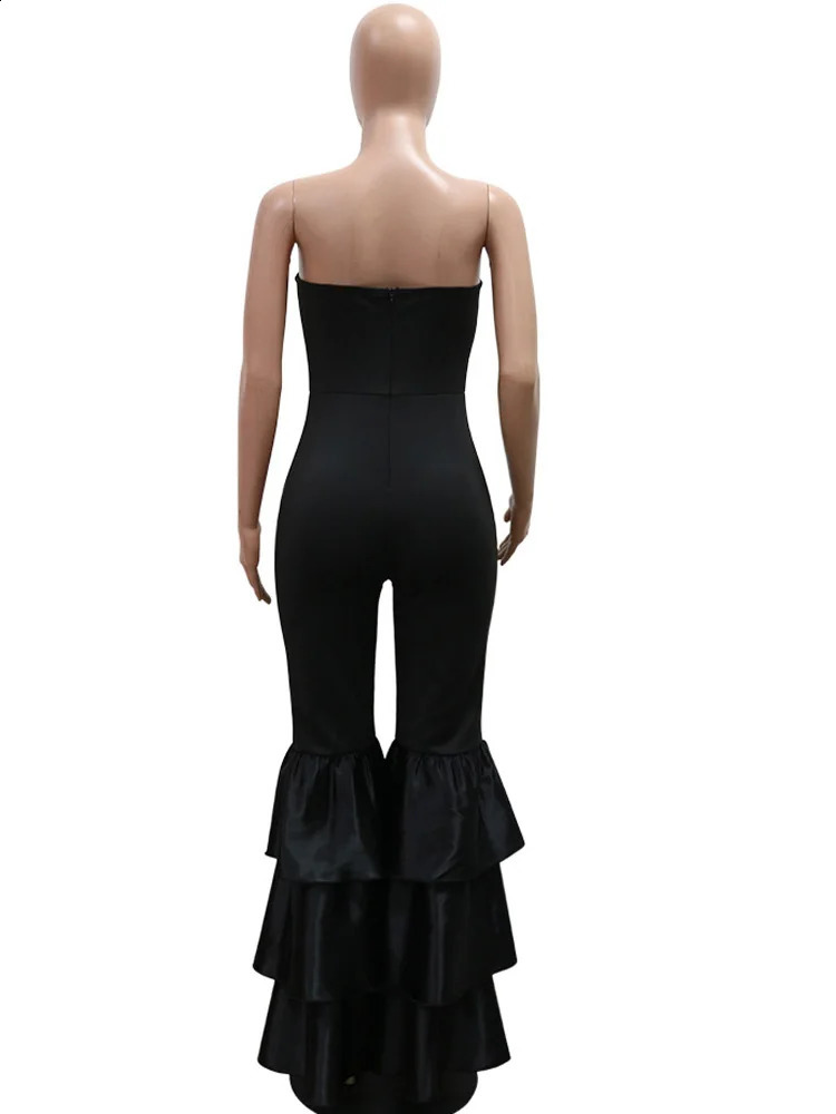Beyprern Elegant Tiered Ruffle Strapless Jumpsuit For Women Off Shoulder Black Flared Leg Bandage Jumpsuits Clubwear Overalls 240813