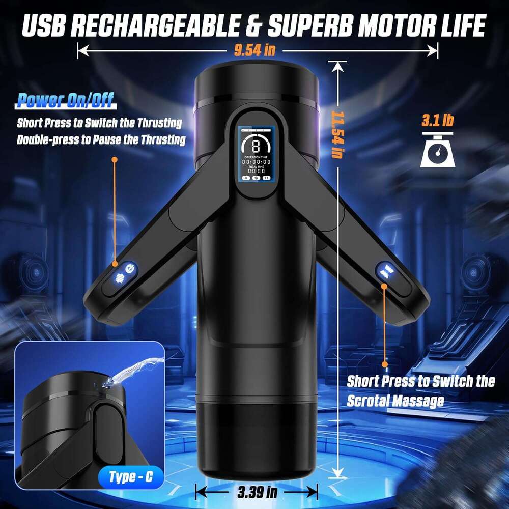 Men's automatic male sexual toy - male sexual toy, 9 thrust and 9 vibration and wing shaped handle design, with LCD display pump, pocket genital 