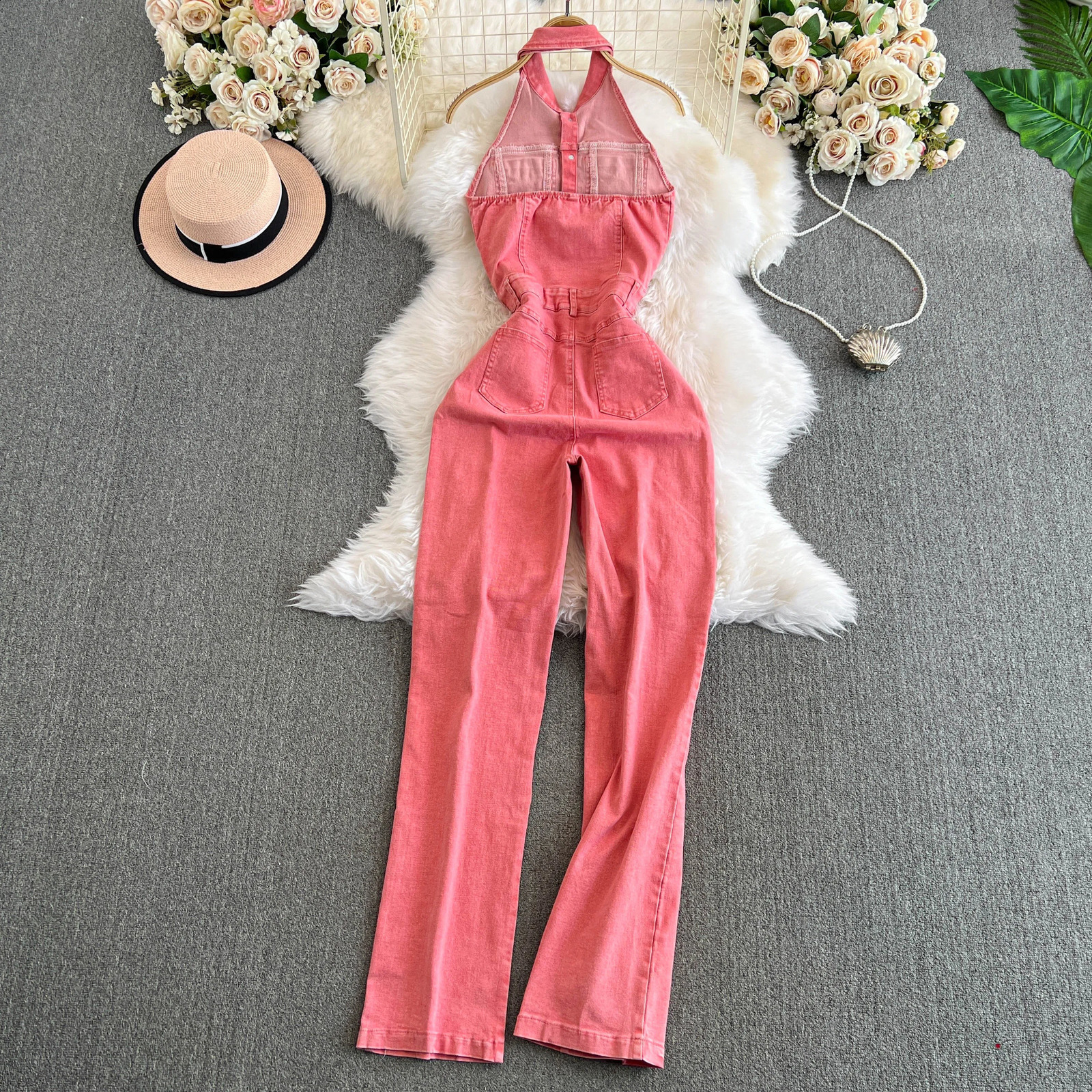 Women Rose Jumpsuit Halter Sleeveless One Breasted Wide Leg Overall Solid Wide Leg Bodysuits for Female Pink Backless Long Jeans 240813
