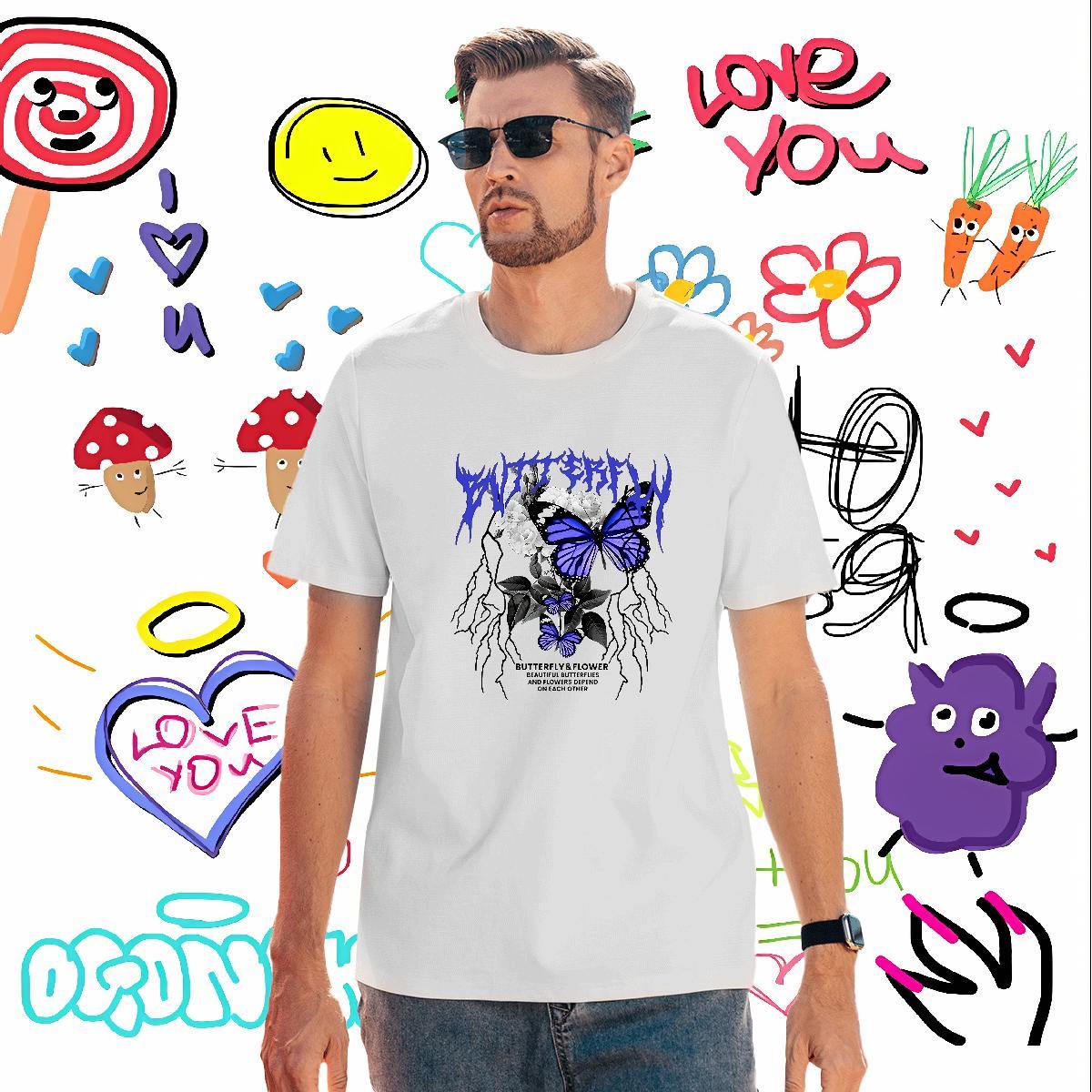 Unisex Man T Shirts Butterfly Short Sleeve O-Neck Daily Wear Custom Anime 230g Pure Cotton Tshirt for Man Woman 2024 New Tshirts