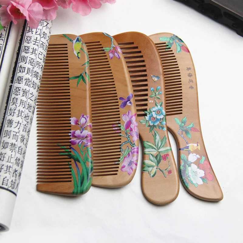 1 piece of wooden comb carving painting anti-static natural head massage handmade wooden comb hair styling tool W240813