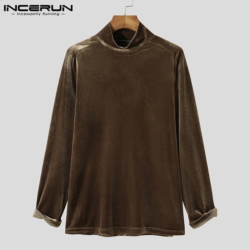 INCERUN 2024 Men T Shirt Velour Turtleneck Long Sleeve Leisure Undershirt Solid Color Streetwear Fashion Casual Tee Tops S-5XL 240814