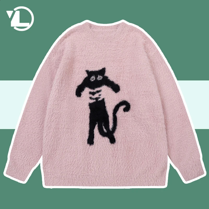 Cartoon Cat Pattern Knitting Sweater Men Woman Y2k Harajuku Oversized Knitted Pullover Autumn College Knitwear Sweaters Couple 240814