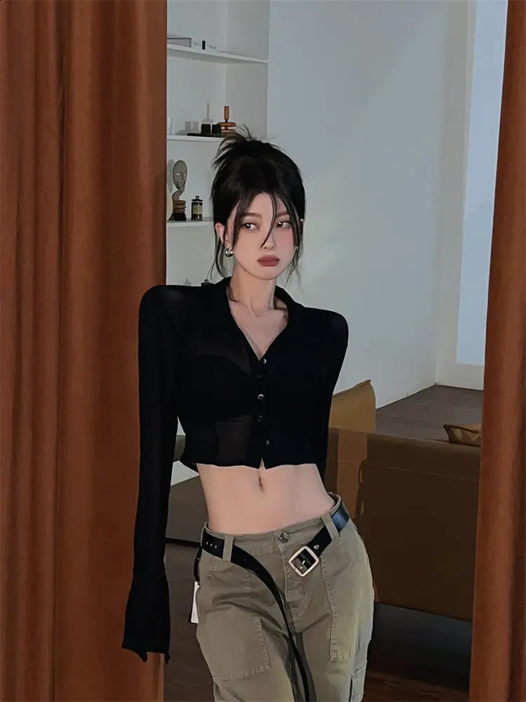 See Through Womens Sexy Retro Y2k Crop Top Street Clothing Harajuku Ultra Thin Long Sleeve Single Sweating Black Wine Shirt 240827
